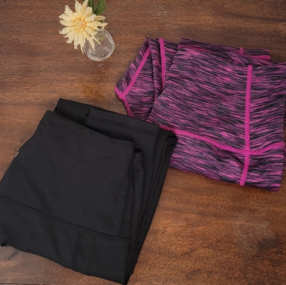 2 Pairs Leggings Full Ankle and Capri Length Pink Black Workout Yoga Pants - Picture 1 of 9